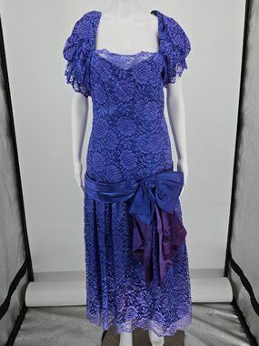 Distressed Vintage 1980s Purple Lace Puff Sleeve Drop Waist Prom Dress (S)